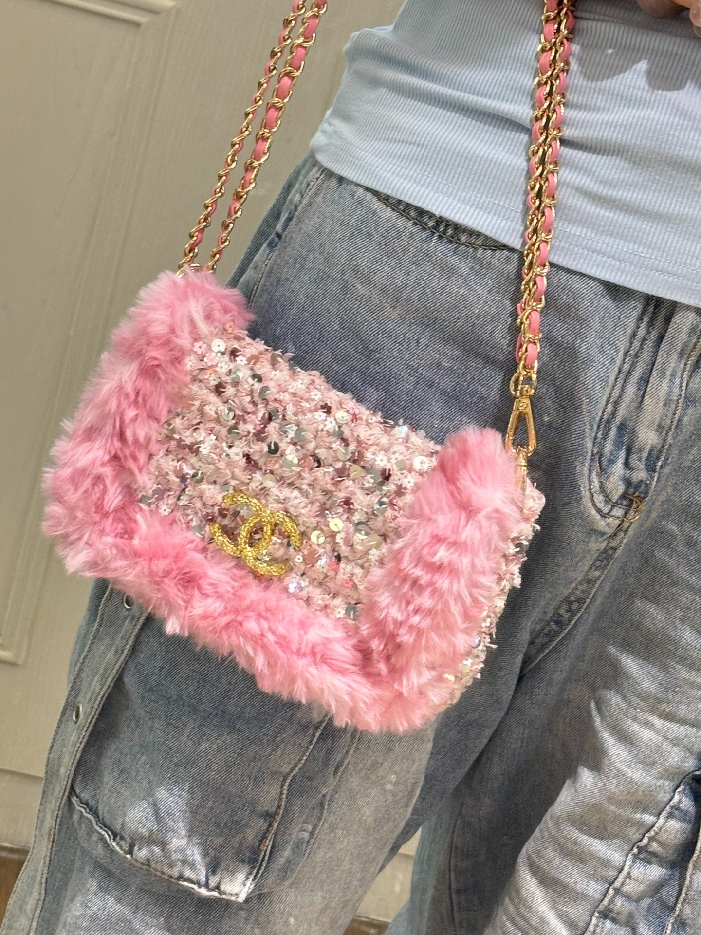 Pink Chanel-style Crossbody Bag