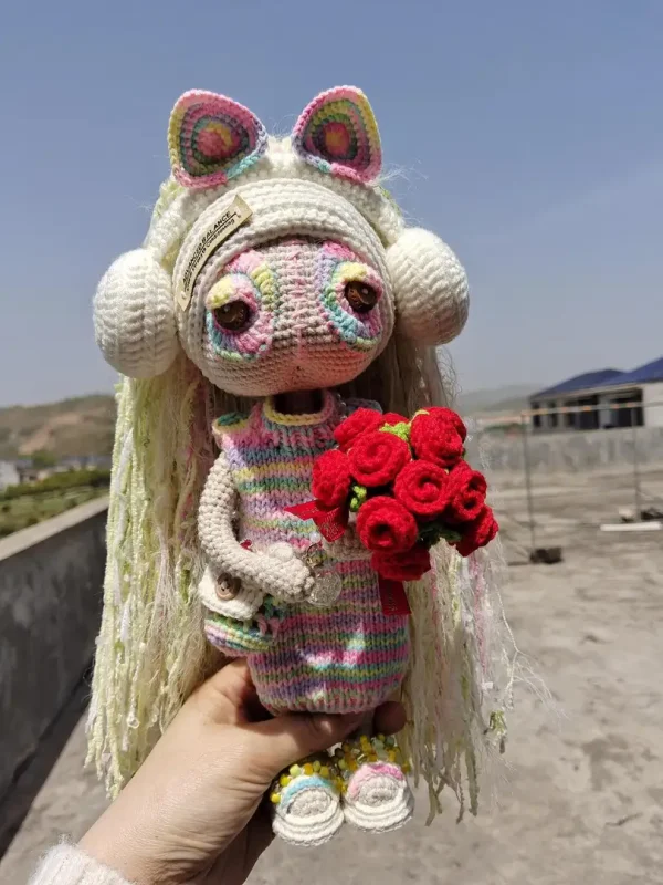Pastel Goth Amigurumi Doll with Headphones & Rose Bouque