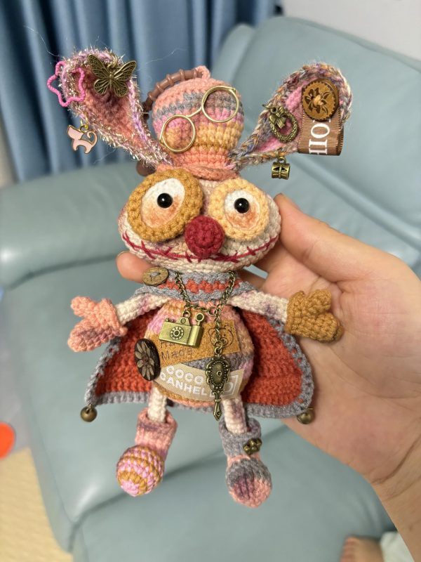 Steampunk Crochet Bunny Art Doll: Handmade Fantasy Decor Figurine